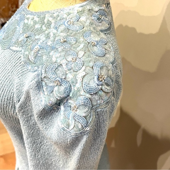 VTG Pat Sandler Wellmore Knit Dress Bow Sequins Blue Long Sheath Midi 6 Dynasty - Picture 7 of 12